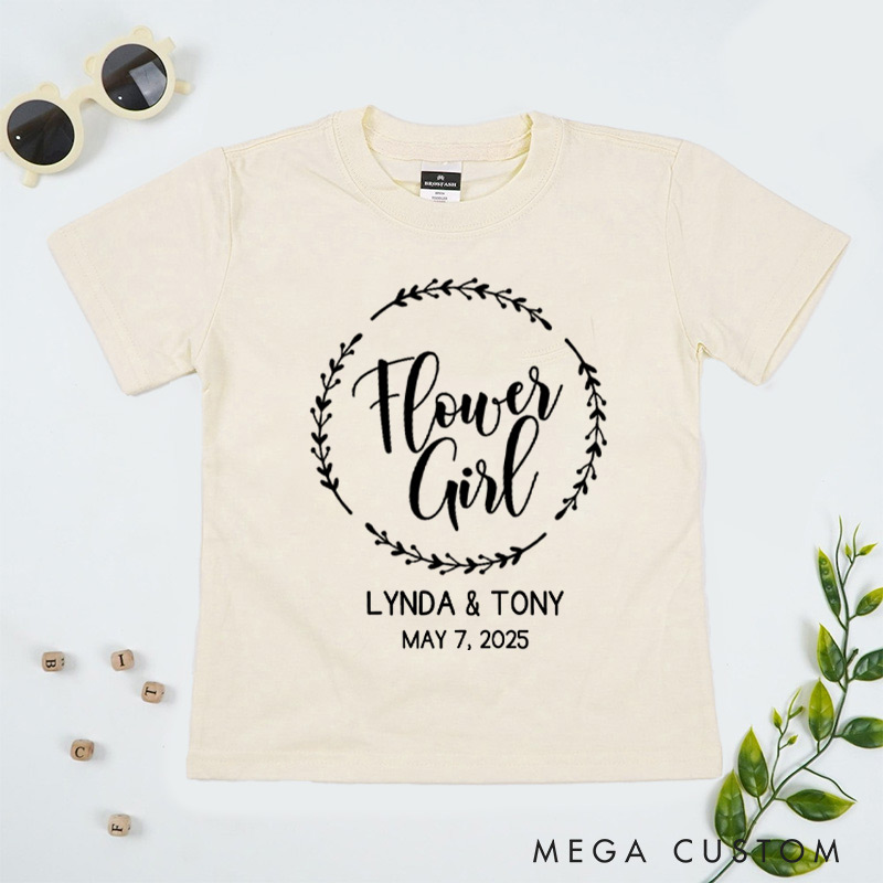 Personalized Elegant Flower Girl Design with Laurel Wreath Wedding Flower Girl T-Shirt 