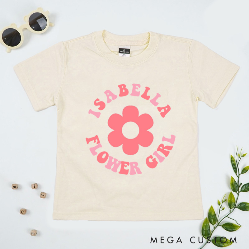 Personalized Retro-Inspired Flower Girl with Name Wedding Flower Girl T-Shirt 