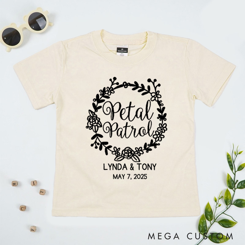 Personalized Elegant Petal Patrol with Floral Wreath Wedding Flower Girl T-Shirt 