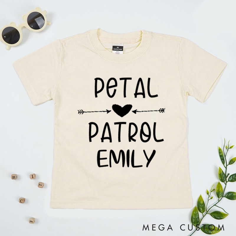 Personalized Playful Petal Patrol with Heart and Arrow Wedding Flower Girl T-Shirt 
