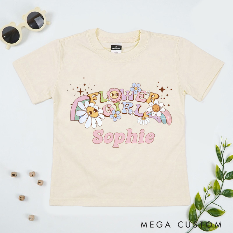 Personalized Whimsical Retro Flower Girl with Daisies and Rainbows Wedding Flower Girl T-Shirt 