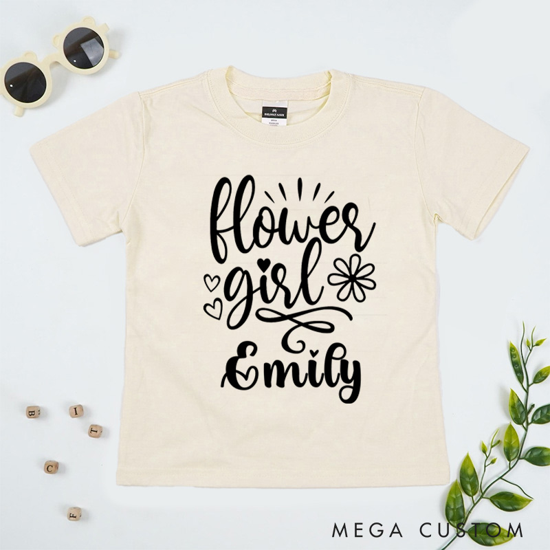 Personalized Elegant Flower Girl with Hearts and Floral Wedding Flower Girl T-Shirt 