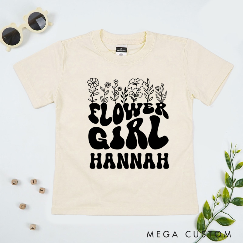 Personalized Boho Groovy Flower Girl with Floral Wedding Flower Girl T-Shirt 