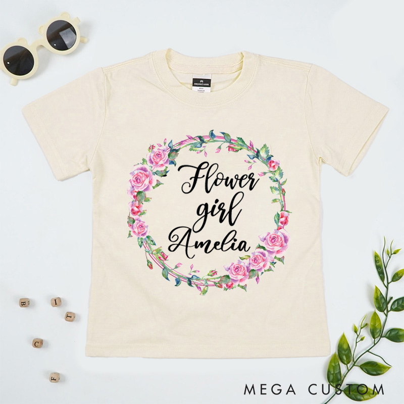 Personalized Flower Girl with Watercolor Rose Wreath Wedding Flower Girl T-Shirt 