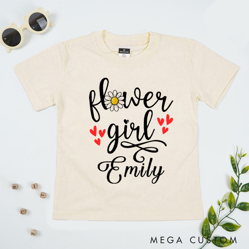 Personalized Sweet Flower Girl with Daisy and Hearts Wedding Flower Girl T-Shirt 