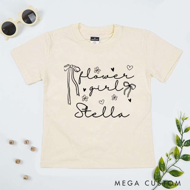 Personalized Delicate Flower Girl with Bows and Hearts Wedding Flower Girl T-Shirt 