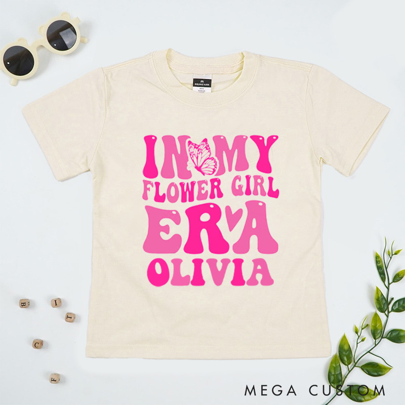 Personalized Retro Pink In My Flower Girl Era with Butterfly Wedding Flower Girl T-Shirt 
