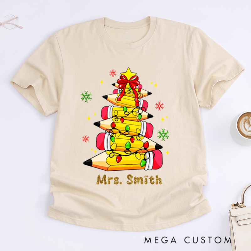 Personalized Teacher Christmas T-Shirts Cute Pencil Light Star Snowflake Design Shirt Christmas Gift for Teachers