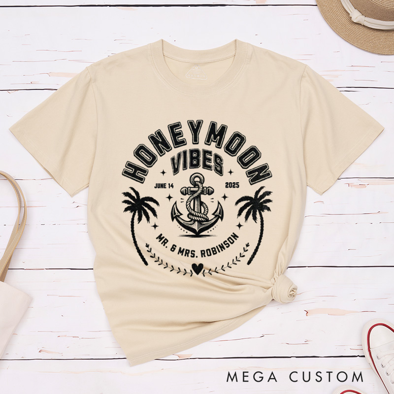 Personalized Nautical Honeymoon Vibes with Anchor and Palm Trees Matching Honeymoon Couple Classic T-Shirt