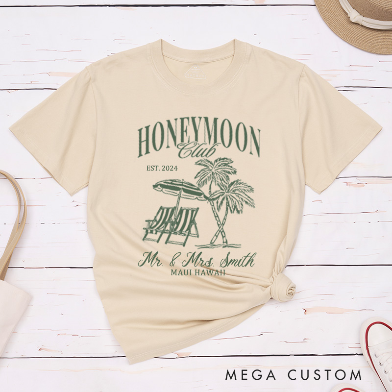 Personalized Classic Tropical Honeymoon Club with Beach Scene Matching Honeymoon Couple Classic T-Shirt