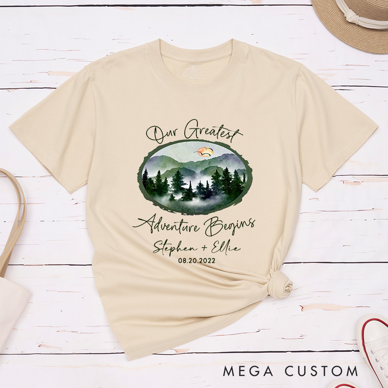 Personalized Watercolor Mountain Serence Our Greatest Adventure Begins Matching Honeymoon Couple Classic T-Shirt