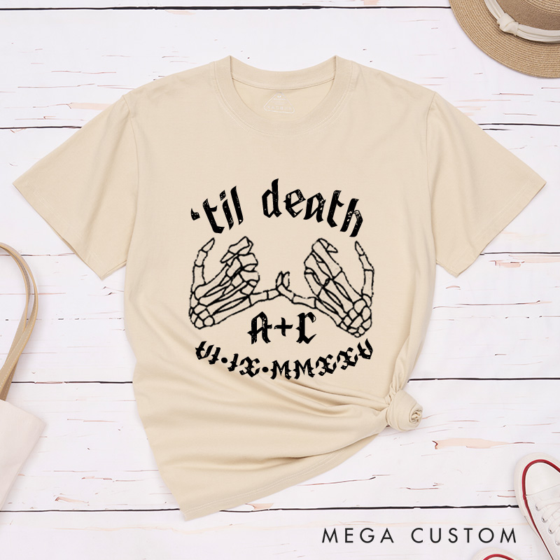 Personalized Til Death Skeleton Finger Hooks with Initials and Dates Matching Wedding Couple Classic T-Shirt