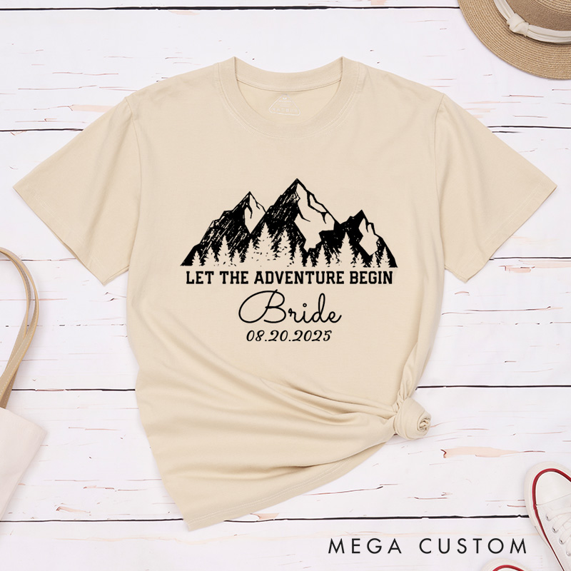 Personalized Rustic Line Mountains Let The Adventure Begin Bride and Groom Matching Wedding Couple Classic T-Shirt
