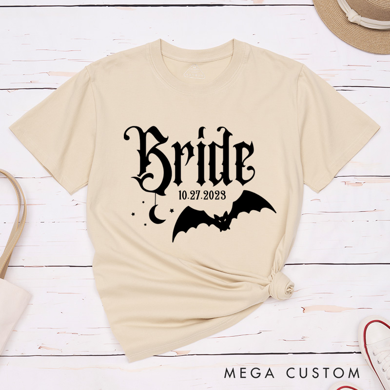 Personalized Holloween-Inspired Gothic Bride and Groom with Bat and Moon Matching Wedding Couple Classic T-Shirt