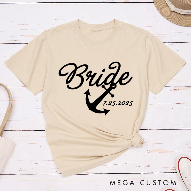 Personalized Elegant Nautical Bride and Groom with Anchor and Helm Matching Wedding Couple Classic T-Shirt