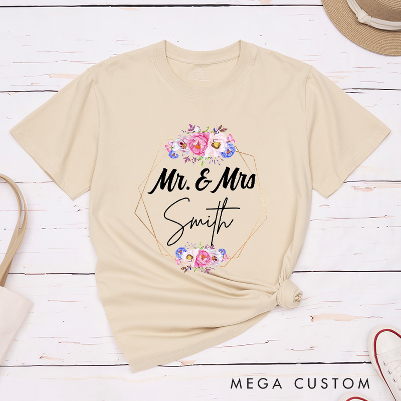 Personalized Geometric Frame with Watercolor Floral Mr and Mrs Wedding Couple Classic T-Shirt