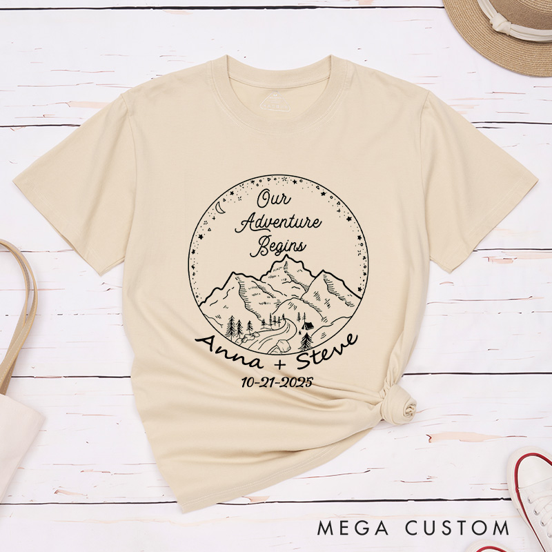 Personalized Rustic Mountain Our Adventure Begins Newlyweds Wedding Couple Classic T-Shirt