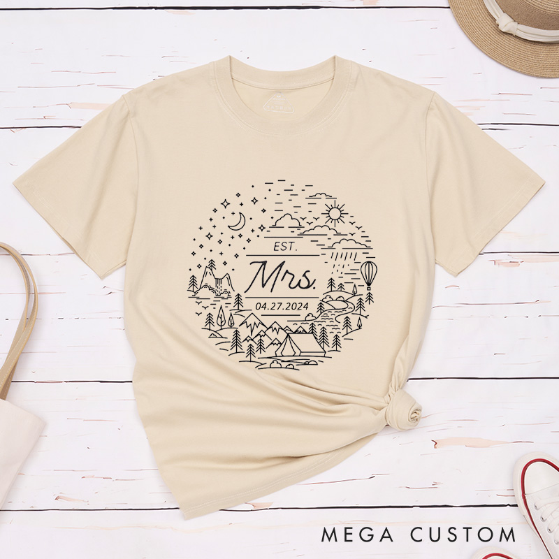 Personalized Charming Mr and Mrs Scenic Adventure Line Art Wedding Couple Classic T-Shirt