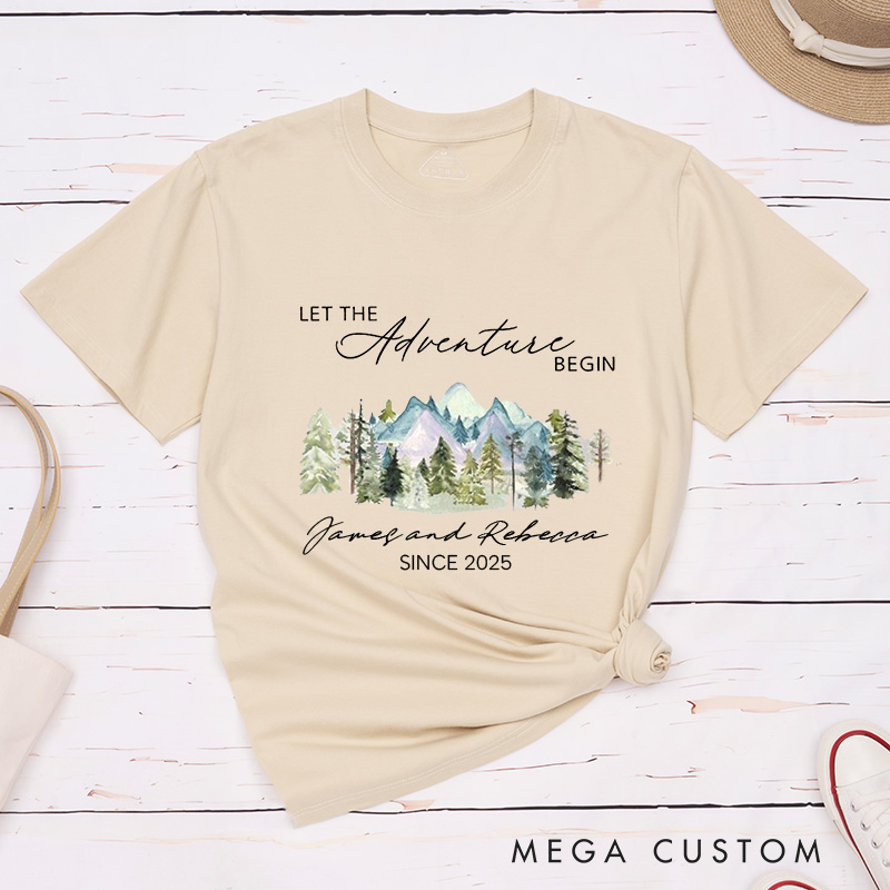 Personalized Mountain Scenic Let the Adventure Begin Newlyweds Wedding Couple Classic T-Shirt