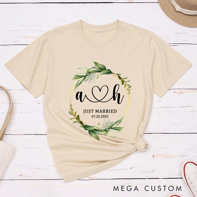 Personalized Romantic Botanical Just Married with Initials Wedding Couple Classic T-Shirt