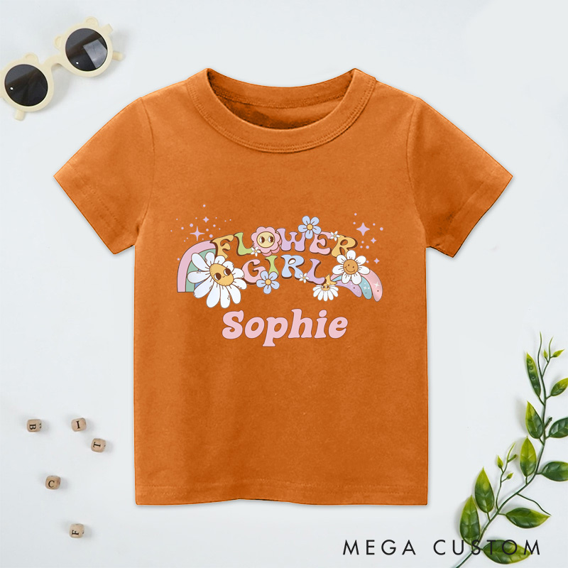 Personalized Whimsical Retro Flower Girl with Daisies and Rainbows Wedding Flower Girl T-Shirt 