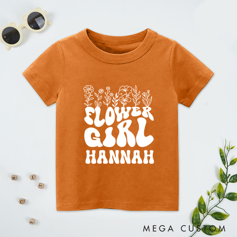 Personalized Boho Groovy Flower Girl with Floral Wedding Flower Girl T-Shirt 