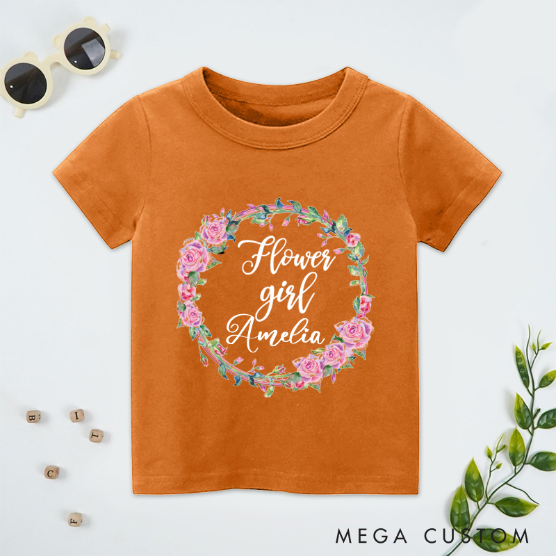 Personalized Flower Girl with Watercolor Rose Wreath Wedding Flower Girl T-Shirt 