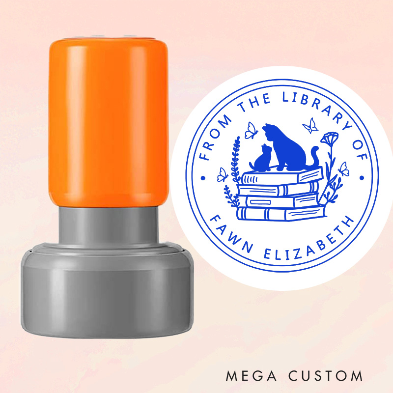 Personalized from the Library of Book Stamp Custom Round Cat and Book Stamps with Name Library Stamp Book Lover Gift Librarian Gift for Her