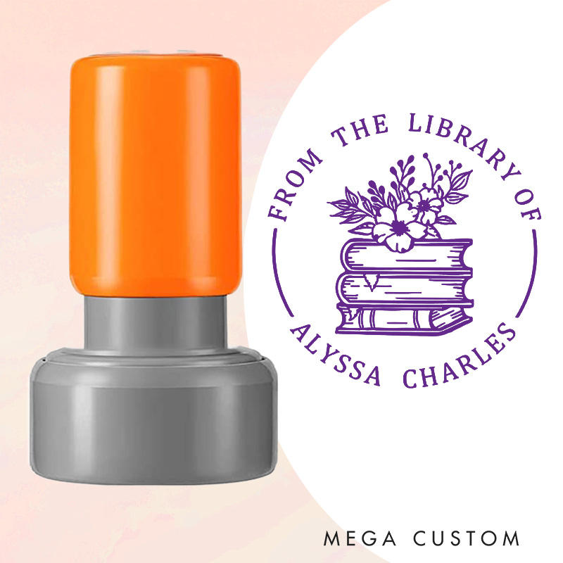 Personalized Books and Flowers Book Stamp Custom from the Library of Stamp Library Stamp with Name Book Lover Gift for Librarian Gift