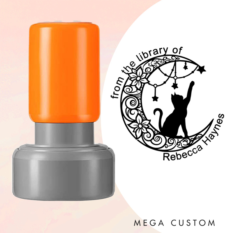 Personalized Cat and Moon Book Stamp from the Library of Stamp Custom Round Librarian Stamp with Name Book Lover Gift for Reading Lover Gift