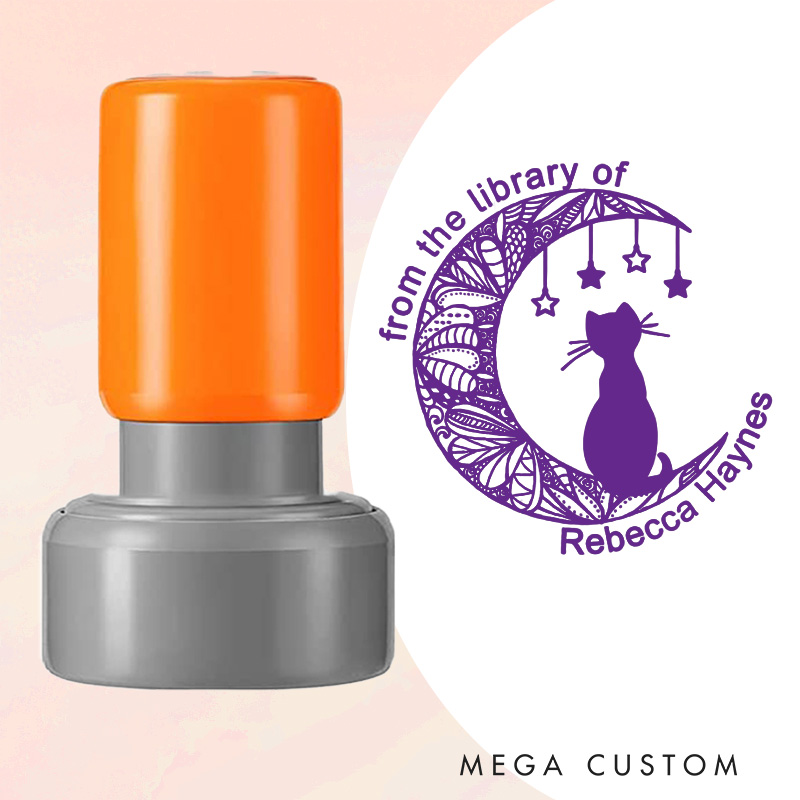 Personalized Cat and Flower Moon Book Stamp from the Library of Stamp with Name Custom Round Librarian Stamp Book Lover Gift for Bookish Gift