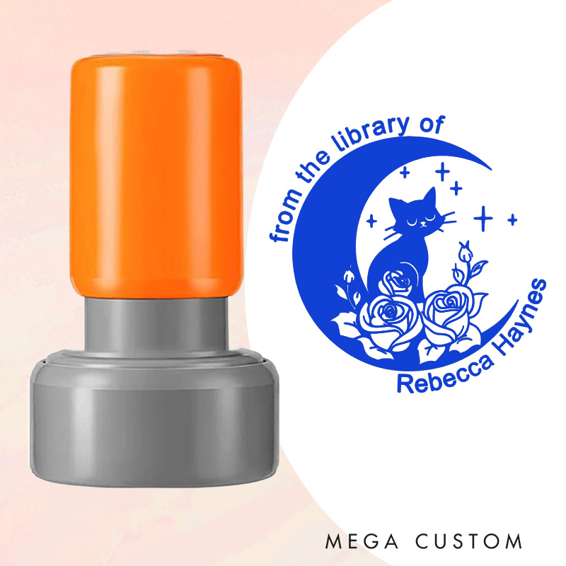 Personalized Moon Cat and Flower Book Stamp Custom from the Library of Stamp with Name Round Librarian Stamp for Book Lover Gift Bookish Gift