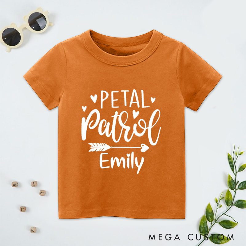 Personalized Whimsical Handwritten Petal Patrol with Heart and Arrow Wedding Flower Girl T-Shirt 