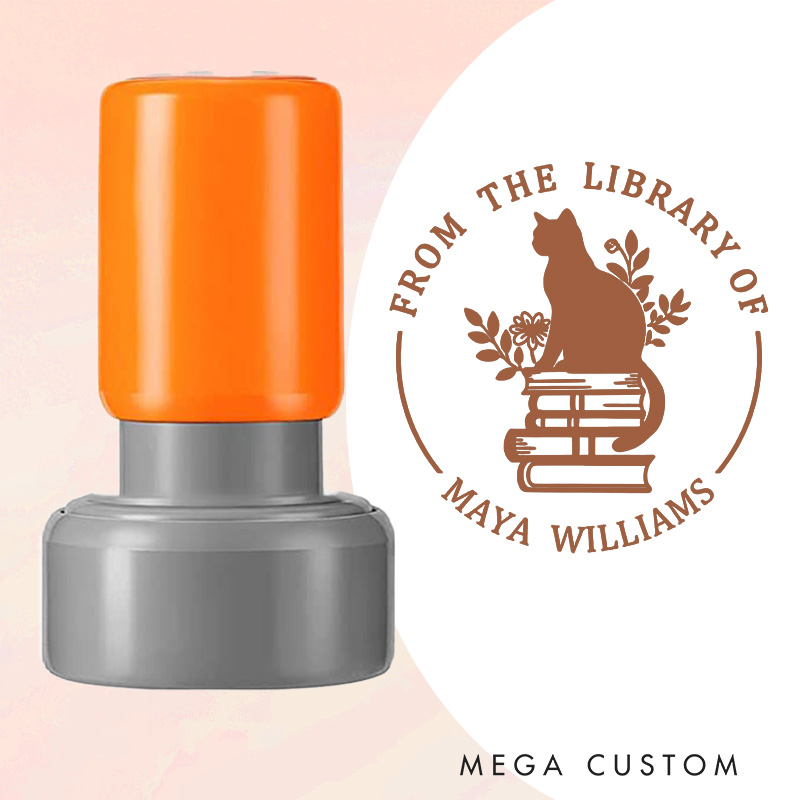 Personalized Book Flower and Cat Book Stamp Custom Round from the Library of Stamp with Name Librarian Stamp for Book Lover Gift Bookish Gift
