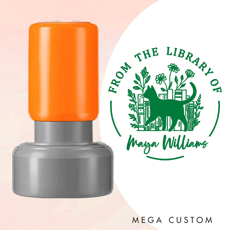 Personalized Walking Cat and Flower Books Book Stamp Custom Round from the Library of Stamp with Name Stamp for Book Lover Gift Bookish Gift