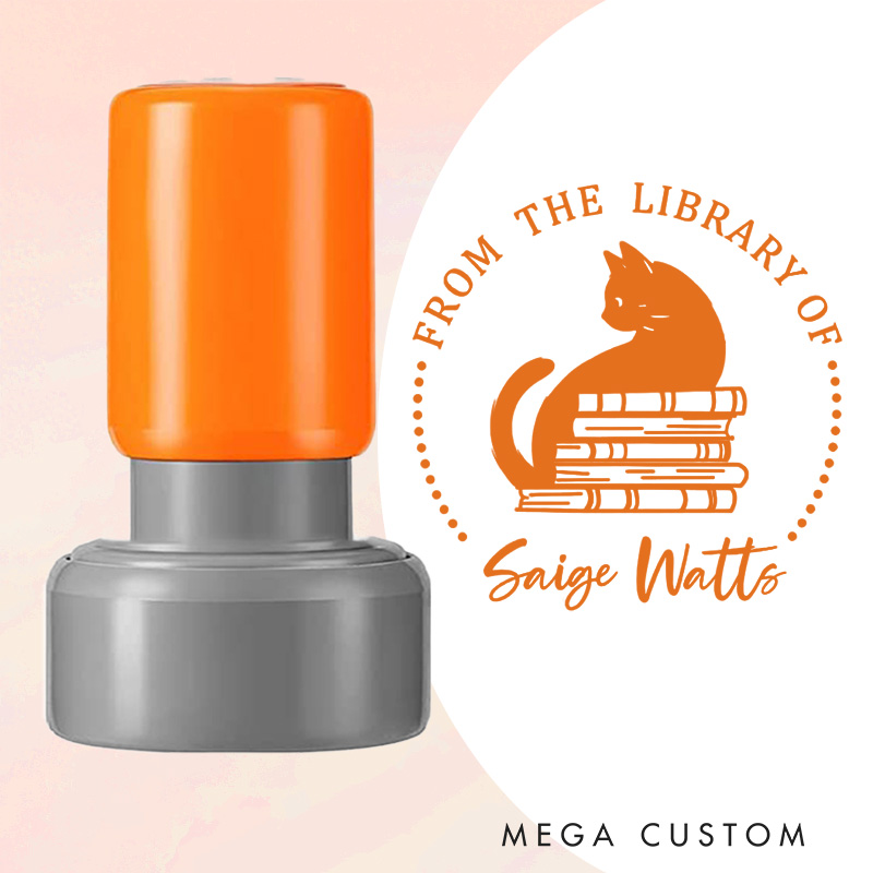 Personalized Cat and Books Book Stamp Round from the Library of Stamp with Name Custom Stamp for Book Lover Gift Reading Gift