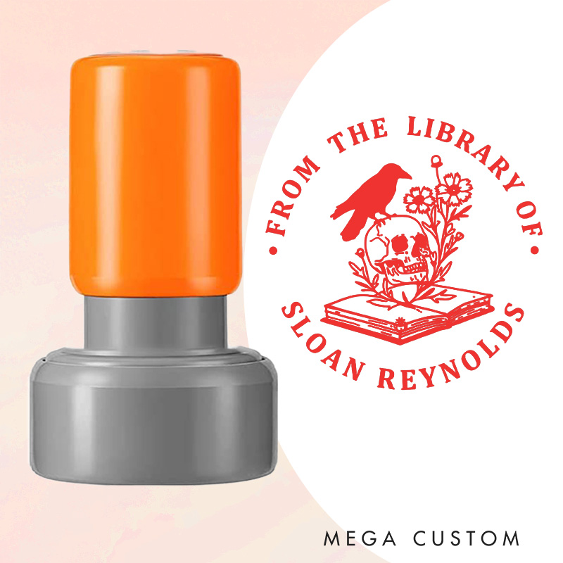Personalized Flower Book and Skull Book Stamp Round from the Library of Stamp with Name Custom Halloween Stamp for Book Lover Gift Bookish Gift