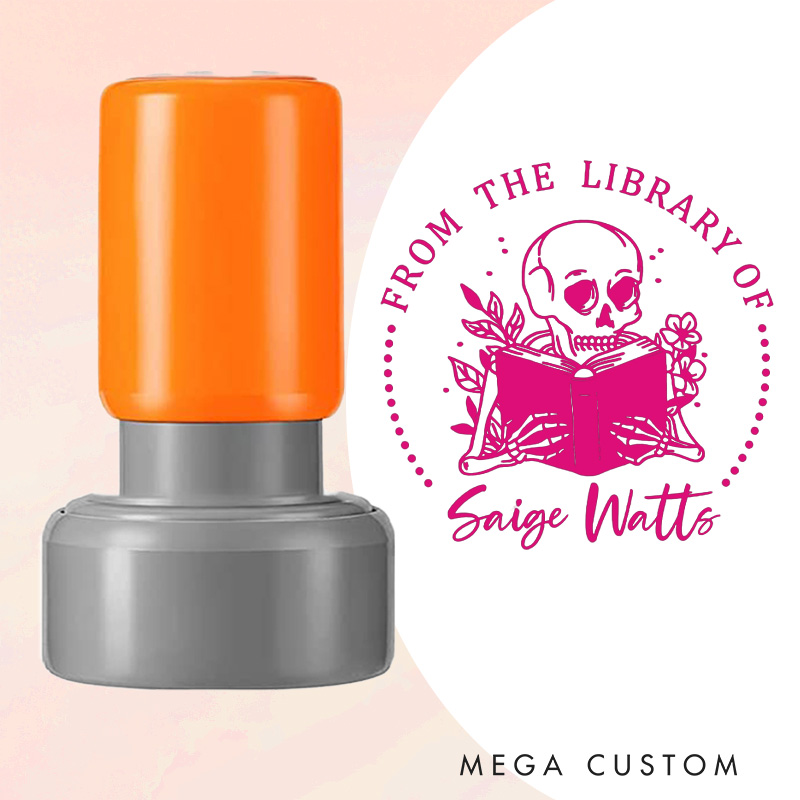 Personalized Reading Skull and Flower Book Stamp Custom from the Library of Stamp with Name Round Stamp for Book Lover Gift Bookish Halloween Gift