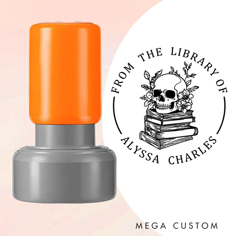 Personalized Flower Book and Skull Book Stamp Custom from the Library of Stamp with Name Round Stamp for Book Lover Gift Bookish Halloween Gift