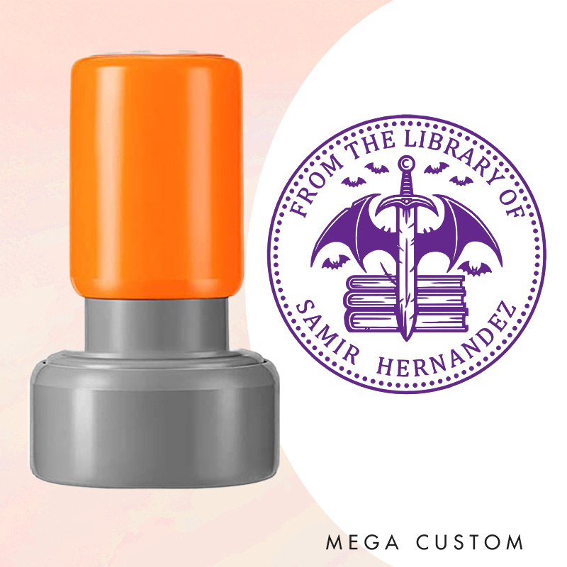 Personalized Book and Bat Sword Book Stamp from the Library of Stamp with Name Custom Round Stamp for Book Lover Gift Bookish Halloween Gift