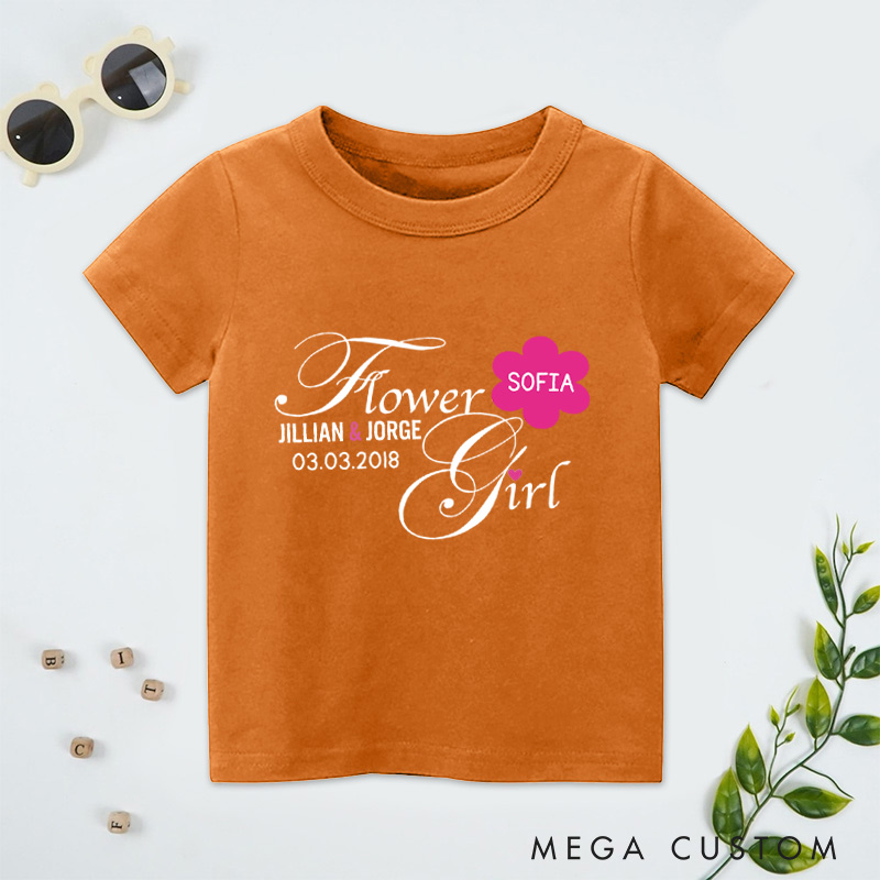Personalized Elegant Script Flower Girl with Floral Name Wedding Flower Girl T-Shirt 