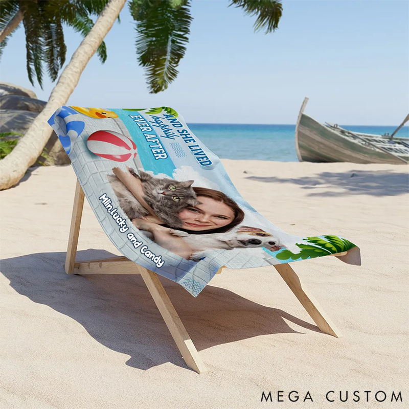 Personalized Pet Lover She Lived Happily with Pet Photo Beach Towel