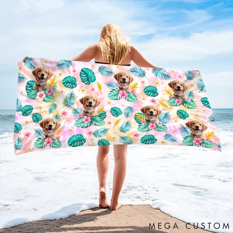 Personalized Pet Lover Custom Photo Happy Tails in Summer Trails Beach Towel