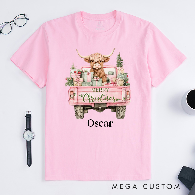 Personalized Pet Lover Pink Christmas Highland Cow T-Shirt
