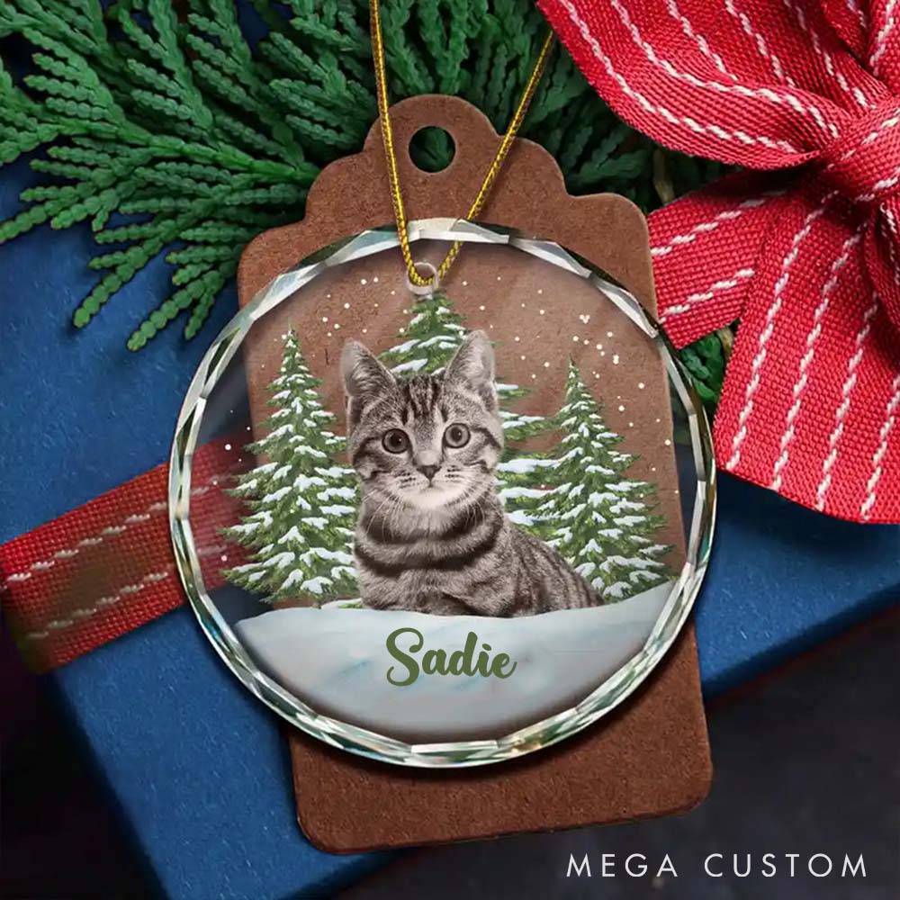 Personalized Pet Lover Custom Photo Pet Face Circle Glass Christmas Ornament
