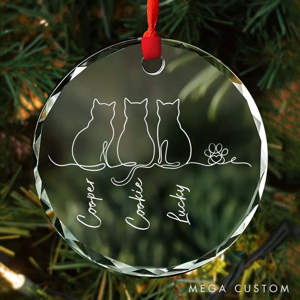 Personalized Cat Lover My Fur Babies One Line Art Glass Christmas Ornament