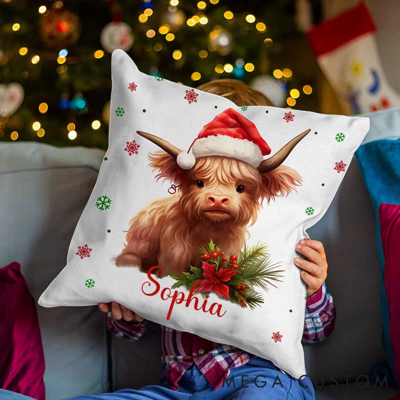 Personalized Pet Lover Santa Hat Highland Cow Throw Pillows