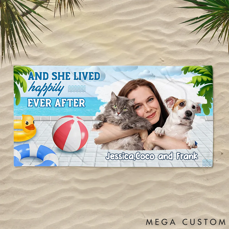 Personalized Pet Lover She Lived Happily with Pet Photo Beach Towel