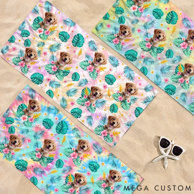 Personalized Pet Lover Custom Photo Happy Tails in Summer Trails Beach Towel