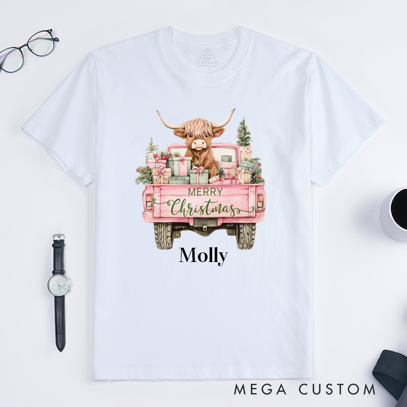 Personalized Pet Lover Pink Christmas Highland Cow T-Shirt